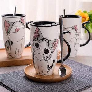 Cat Ceramic Mug With Lid and Spoon