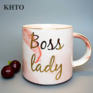 KHTO  Gold Monogram Natural Marble Porcelain Coffee Mug Boss Lady Mugs Tea Milk Cups and Mugs Creative Wedding Gift